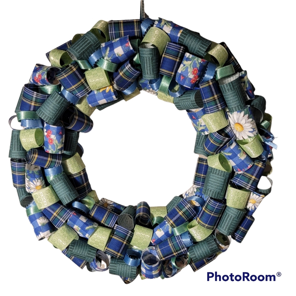 Flower and Plaid Green and Blue Ribbon Wreath